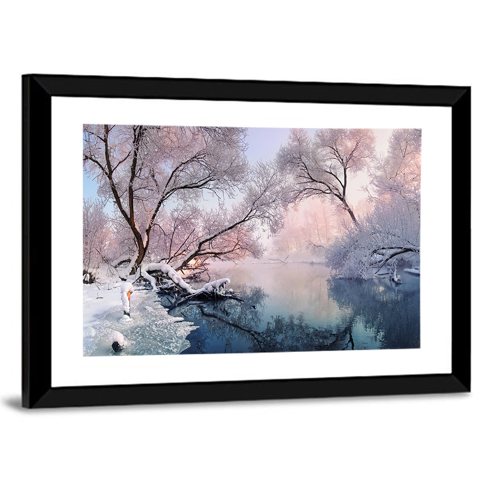Snowy Lake Morning Mist Wall Art