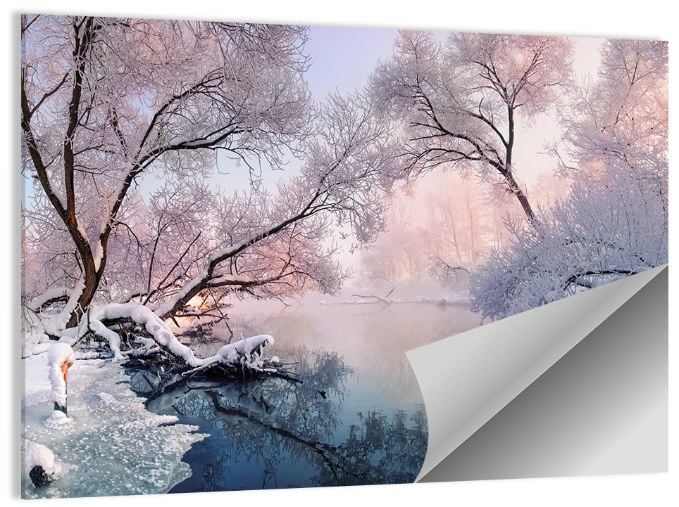 Snowy Lake Morning Mist Wall Art