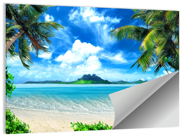 Palm-framed Tropical Island Beach Wall Art as a poster print