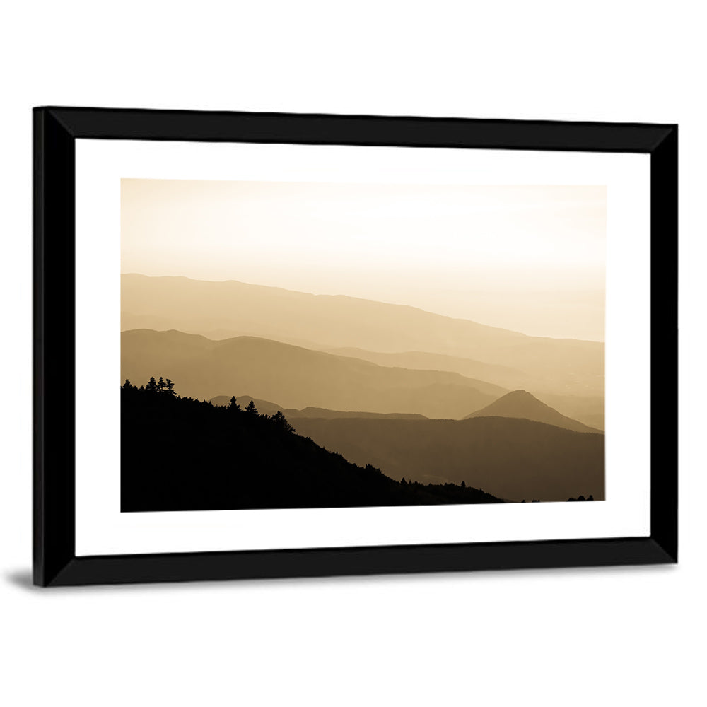 Foggy Mountain Sunset with Evergreen Silhouettes Wall Art