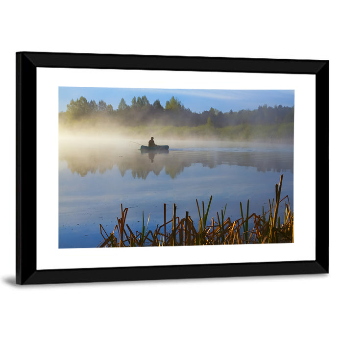 Misty Lake Fisherman Wall Art as a framed print