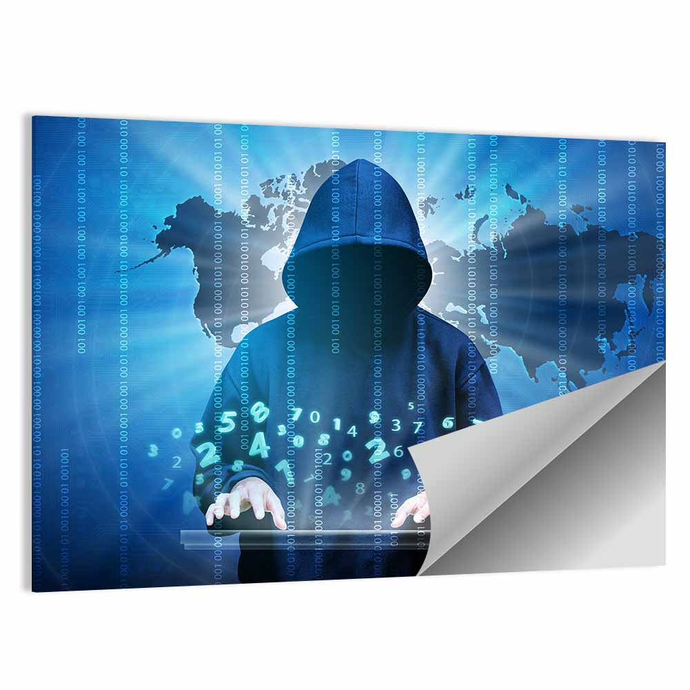 Hooded Hacker with Binary Map Wall Art