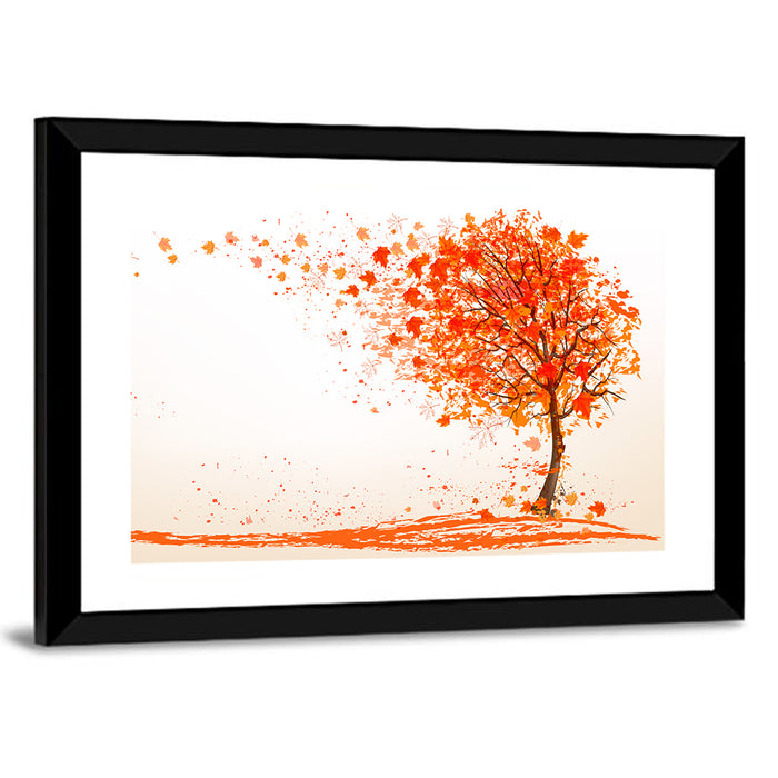 Autumn Tree with Falling Leaves Wall Art as a framed print