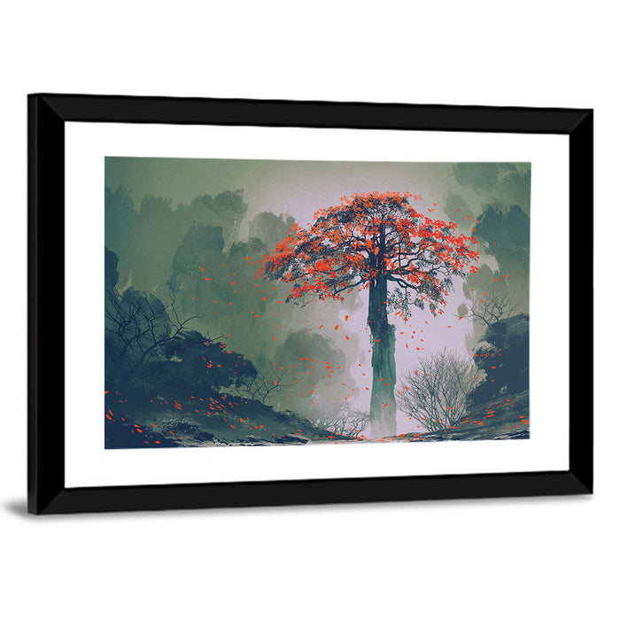Red Autumn Tree Wall Art as a framed print