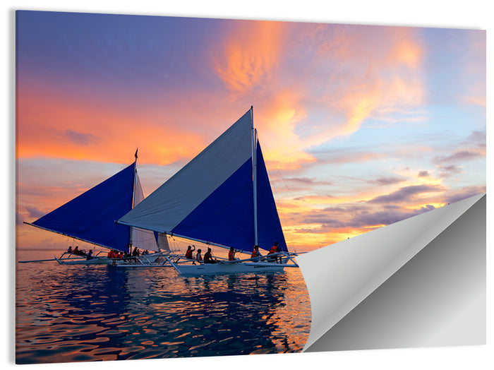 Outrigger Sailboats at Sunset Wall Art as a poster print
