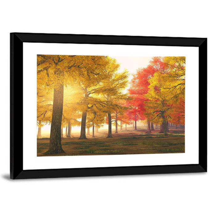 Foggy Autumn Forest Wall Art as a framed print