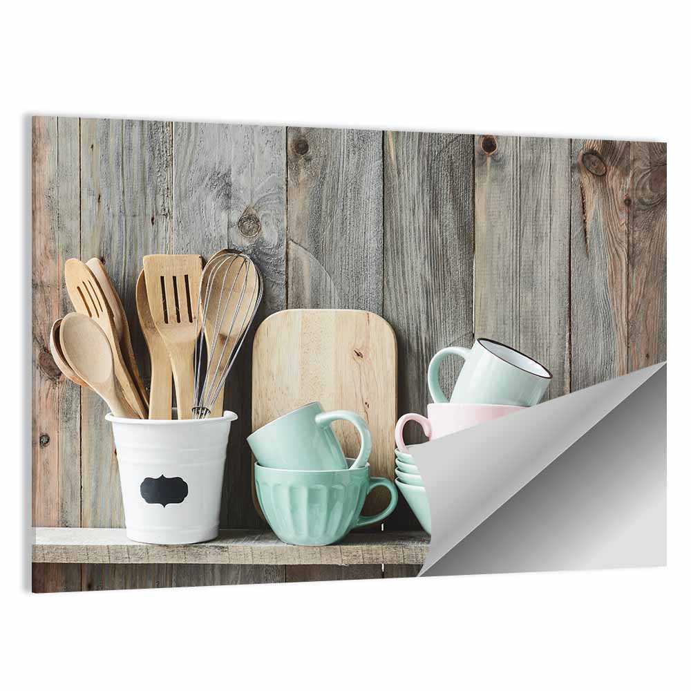 Rustic Shelf with Utensils and Pastel Bowls Wall Art