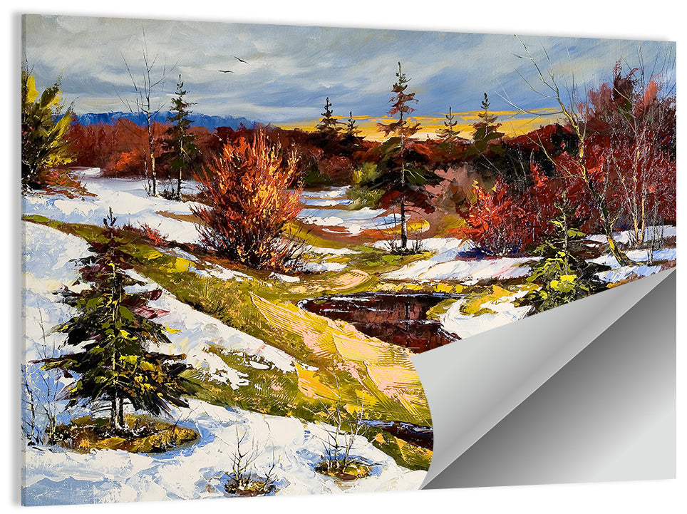 Snowy Stream Through Evergreens Wall Art