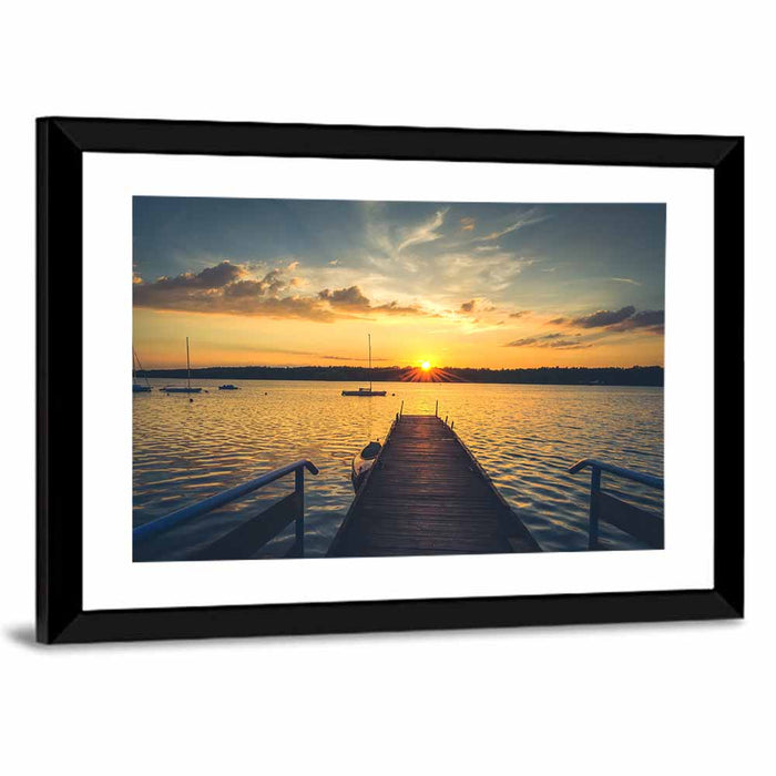 Sunset Pier with Sailboat Wall Art as a framed print