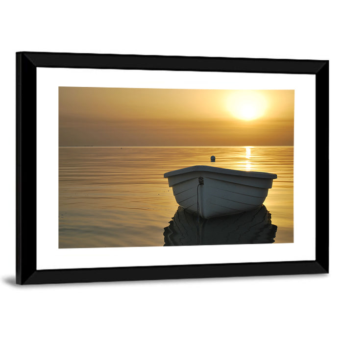 White Rowboat on Golden Sea Wall Art as a framed print