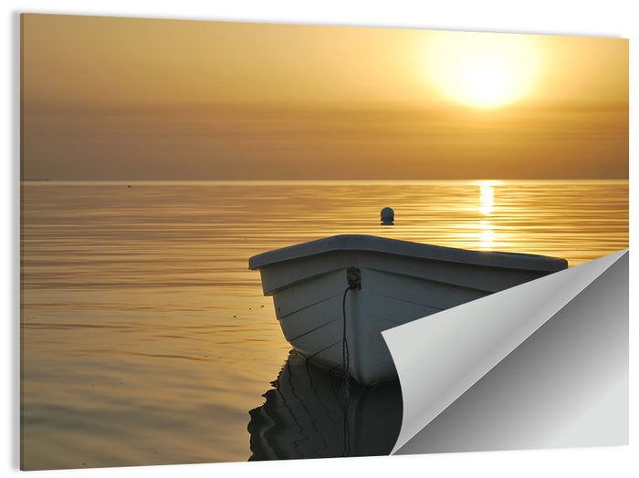 White Rowboat on Golden Sea Wall Art as a poster print