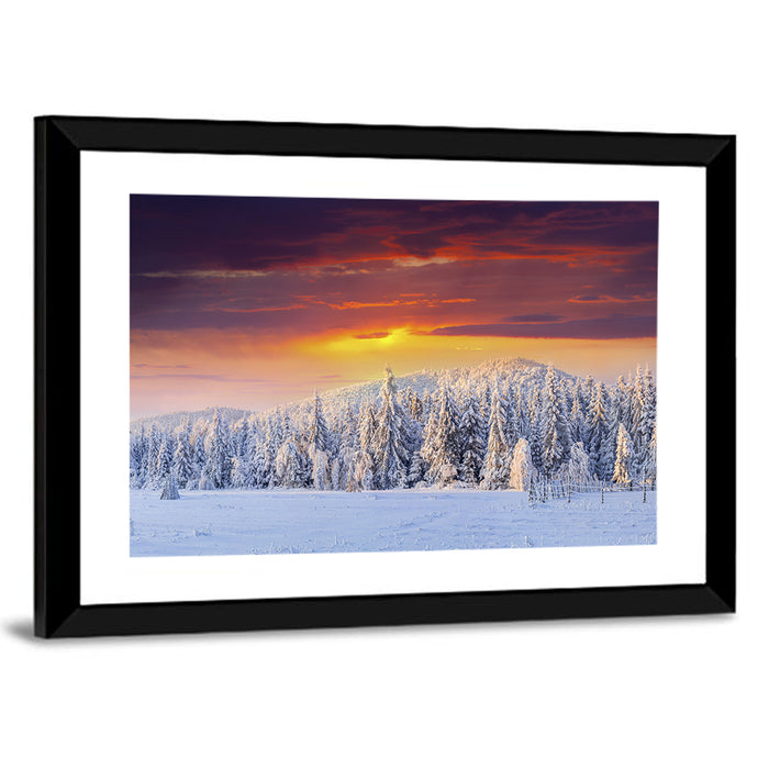 Snowy Forest Sunset Wall Art as a framed print