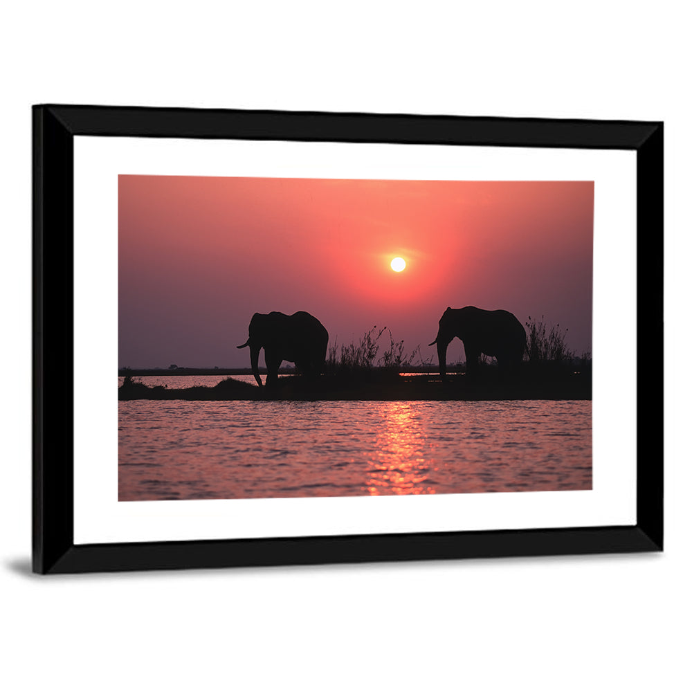 Elephants at Sunset Silhouette Wall Art