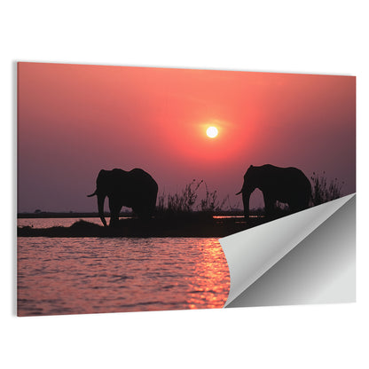 Elephants at Sunset Silhouette Wall Art