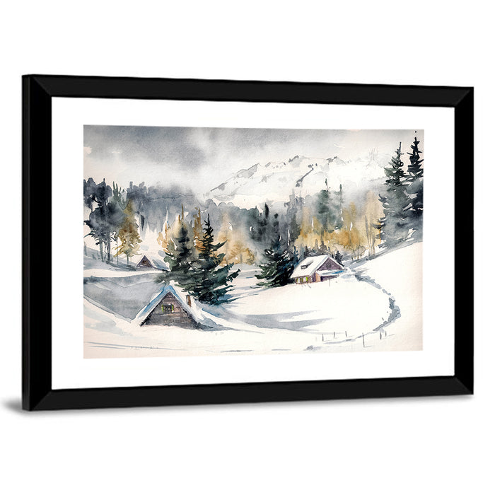 Snowy Mountain Village Watercolor Wall Art as a framed print