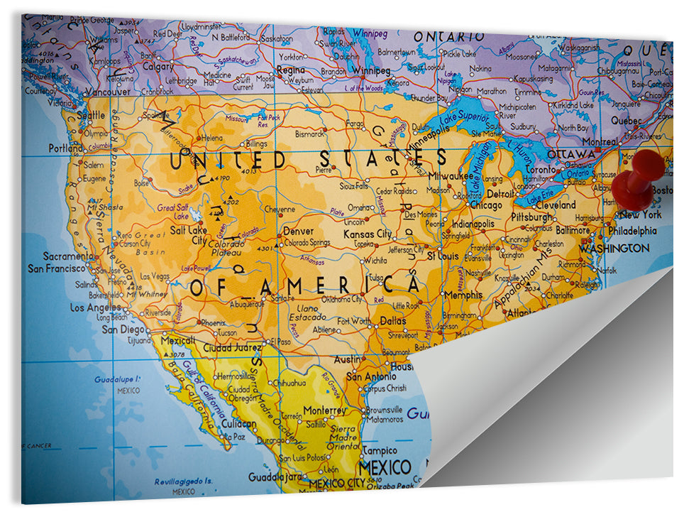 Vintage USA Map with Northeastern Pushpin Wall Art