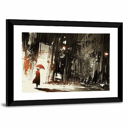 Woman with Umbrella on Rainy Street Wall Art