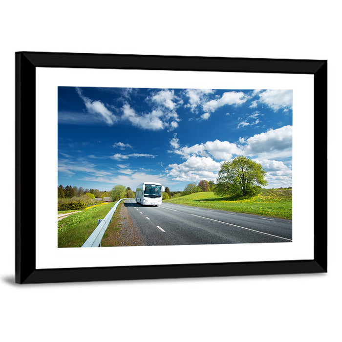 White Bus on Meadow Road Wall Art as a framed print