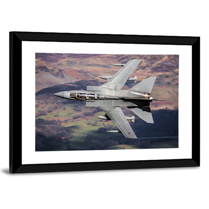 Swing-wing Fighter Jet Over Mountains Wall Art as a framed print