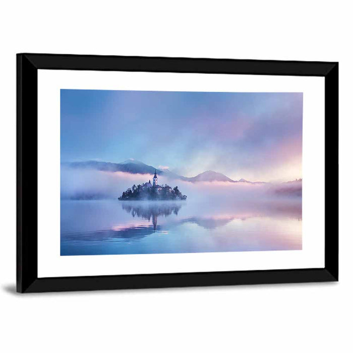 Bled Island Church in Mist Wall Art as a framed print