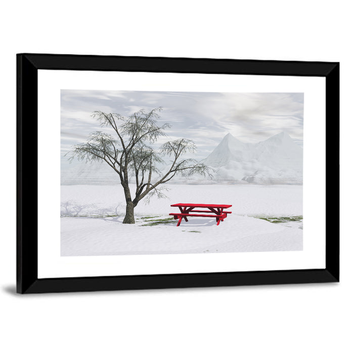 Red Picnic Table in Winter Park Wall Art as a framed print