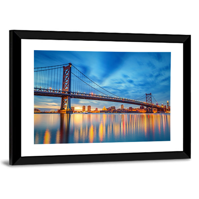 Benjamin Franklin Bridge Twilight Wall Art as a framed print