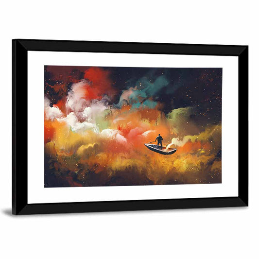 Solitary Man in Boat Under Celestial Clouds Wall Art