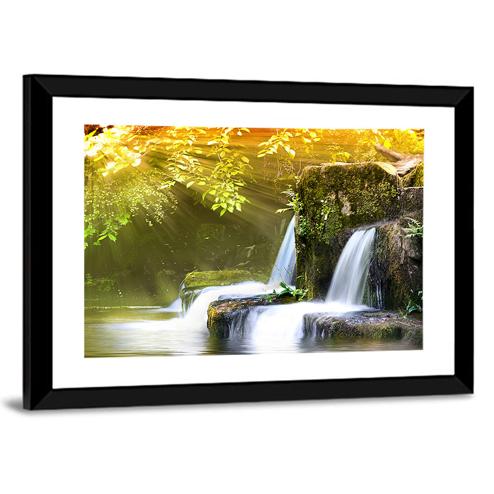 Sunlit Forest Waterfall Wall Art