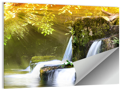 Sunlit Forest Waterfall Wall Art