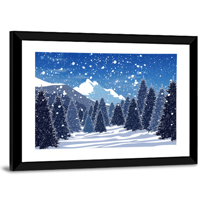 Snowy Evergreen Forest Illustration Wall Art as a framed print