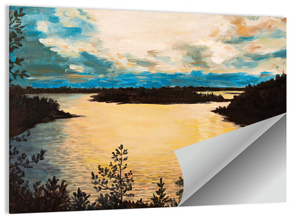 Golden Lake Sunset Painting Wall Art
