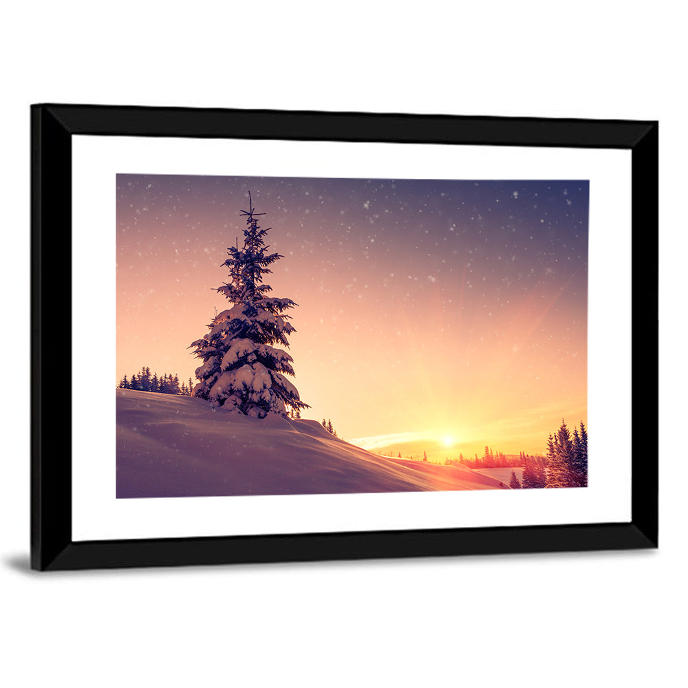 Snowy Sunset with Conifer Wall Art