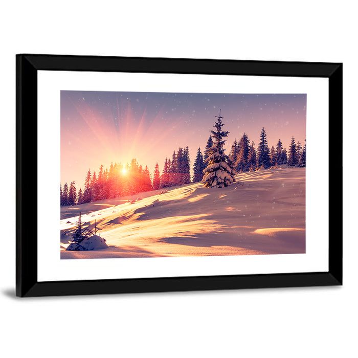 Winter Mountains Sunrise Wall Art as a framed print