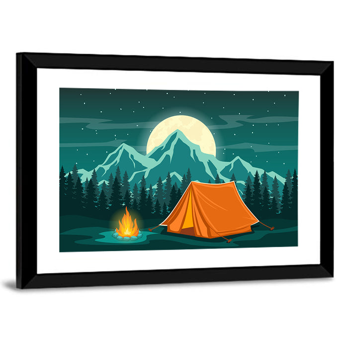 Moonlit Campfire Landscape Wall Art as a framed print