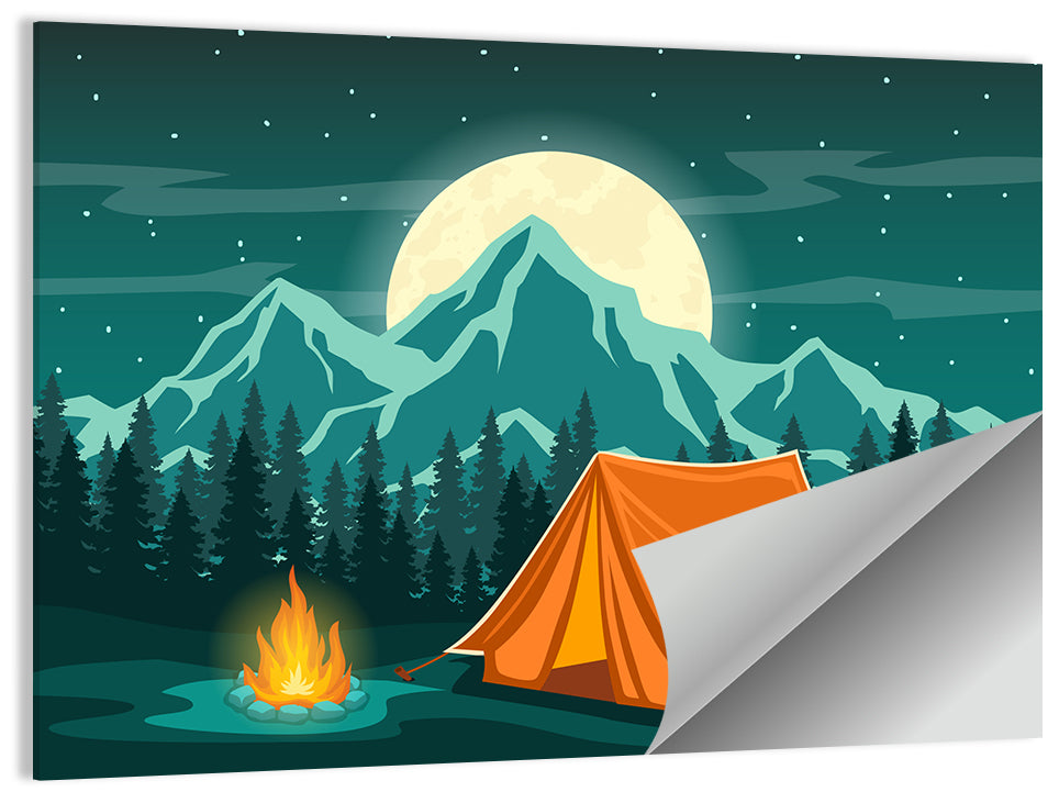 Moonlit Campfire Landscape Wall Art