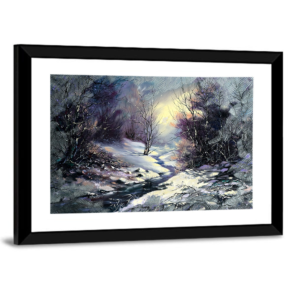 Sunlit Frozen Stream in Winter Forest Wall Art