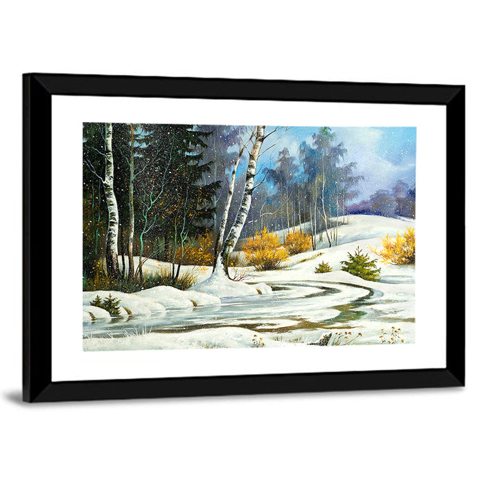 Birch Trees and Frozen Creek Landscape Wall Art as a framed print