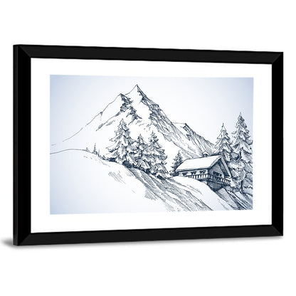Snowy Mountain Cabin Sketch Wall Art