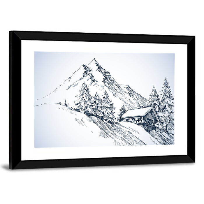 Snowy Mountain Cabin Sketch Wall Art as a framed print