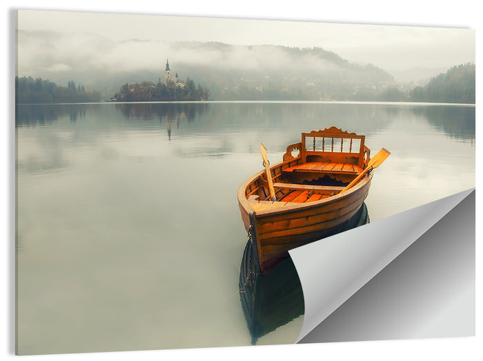 Wooden Boat on Misty Lake Bled Wall Art as a poster print