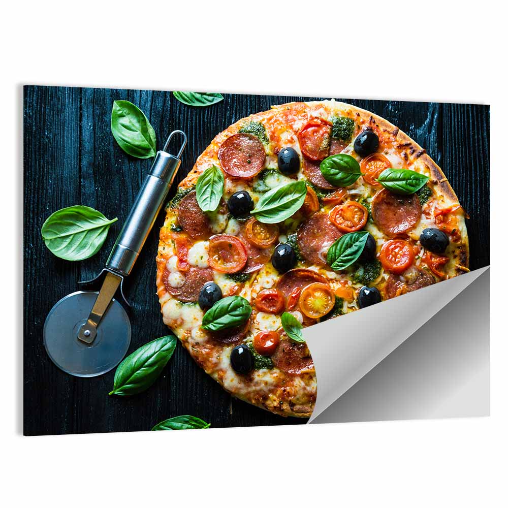 Top-down Pizza with Basil and Olives Wall Art