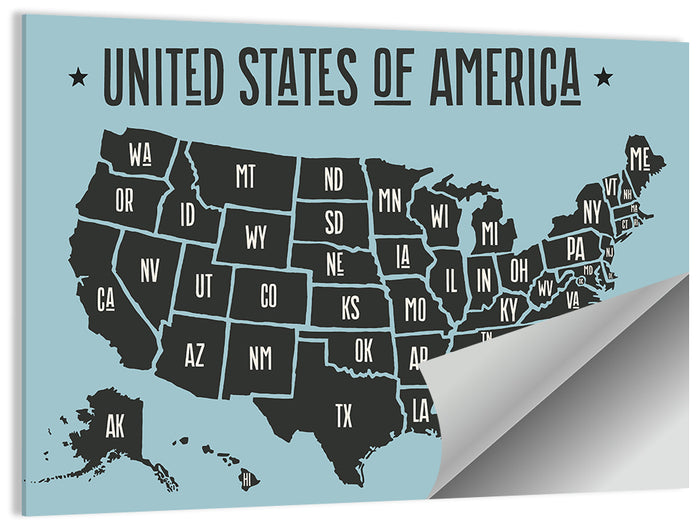 Minimalist USA Map with State Abbreviations Wall Art as a poster print
