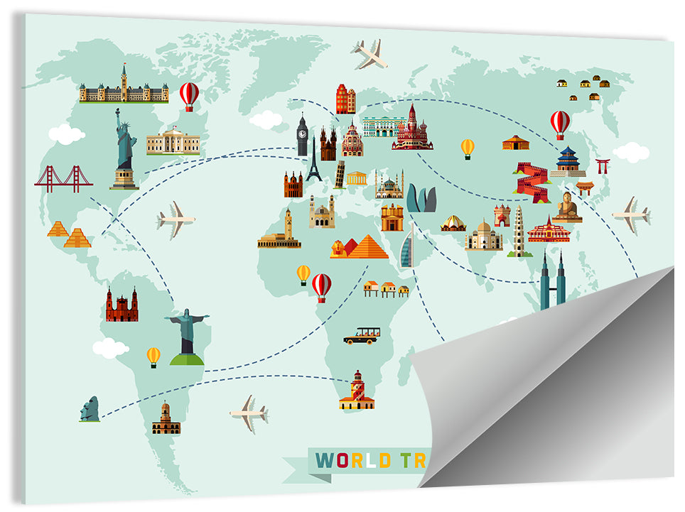 World Travel Map Illustration Wall Art