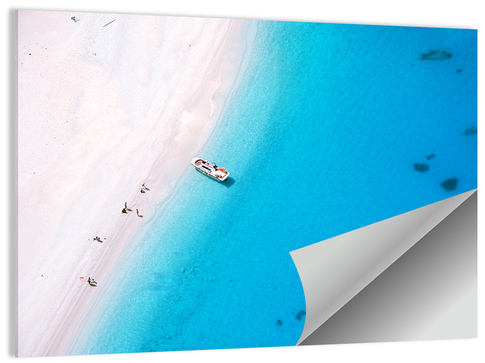 Aerial Beach Bay with White Boat Wall Art