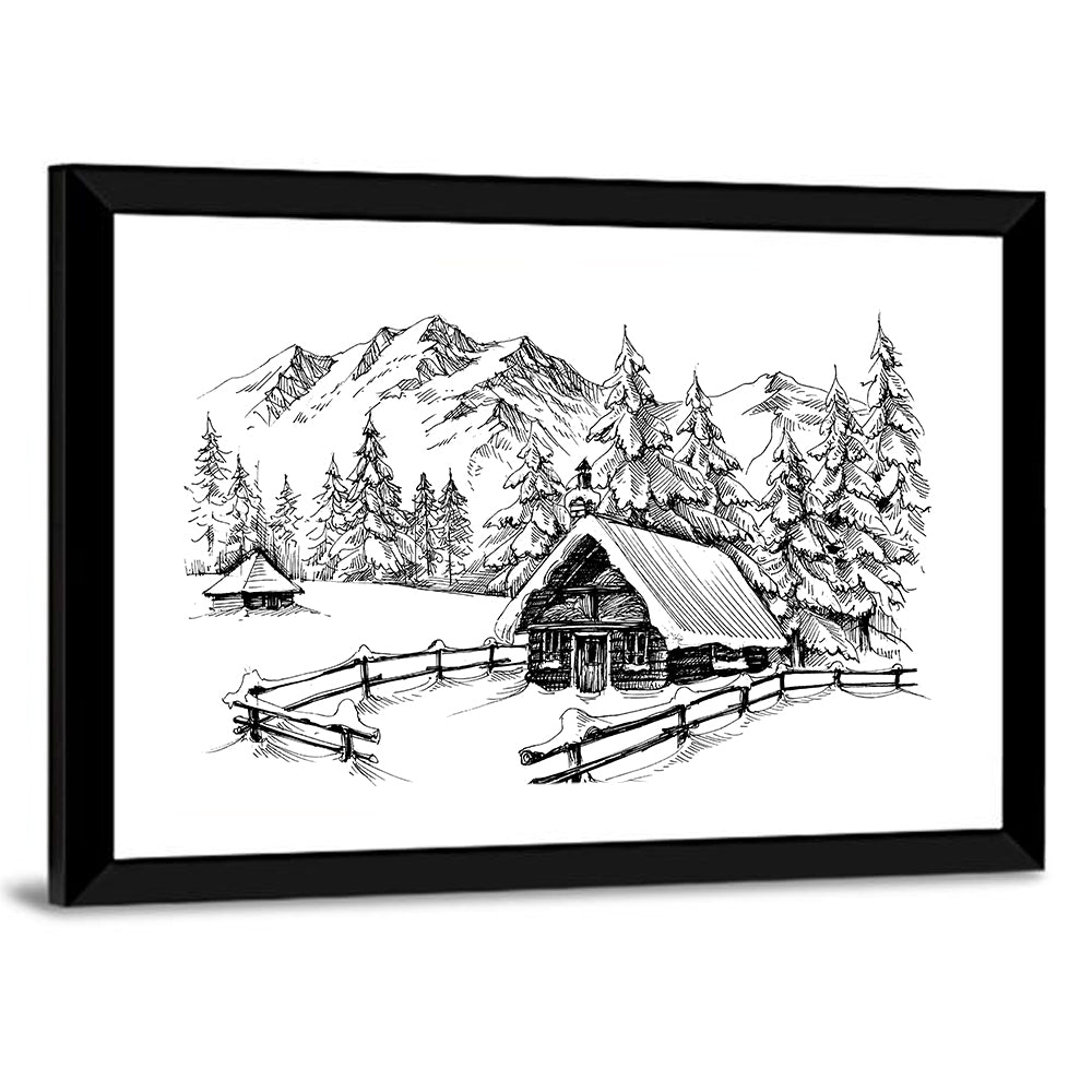 Mountains Snow Cabin Wall Art