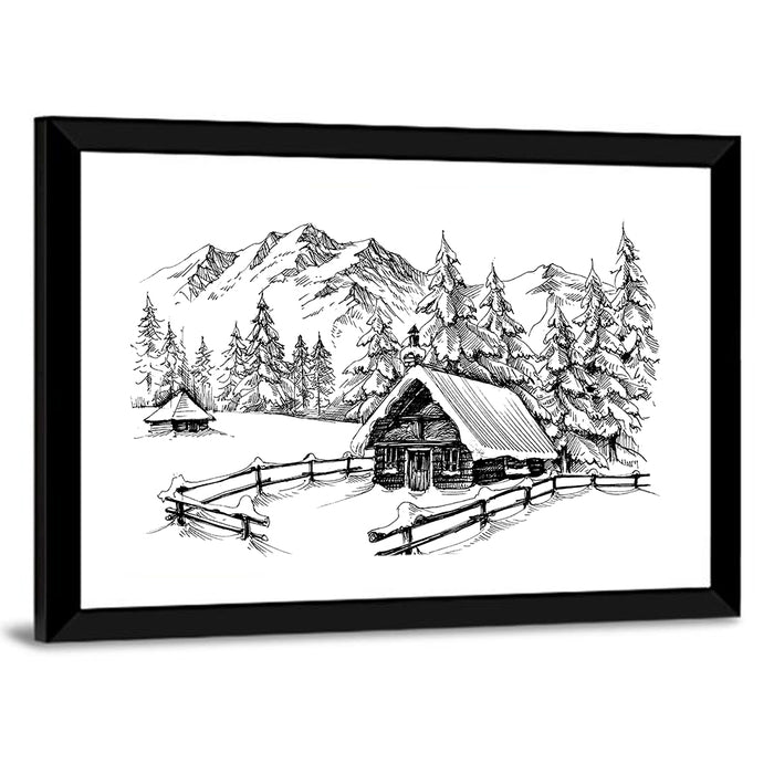 Snow-covered Mountain Cabin Wall Art as a framed print