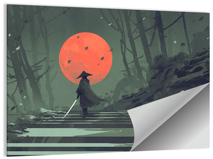 Samurai Under Red Moon Wall Art