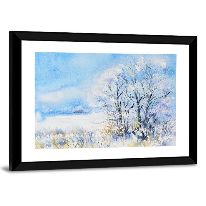 Blue Watercolor Winter Landscape Wall Art as a framed print