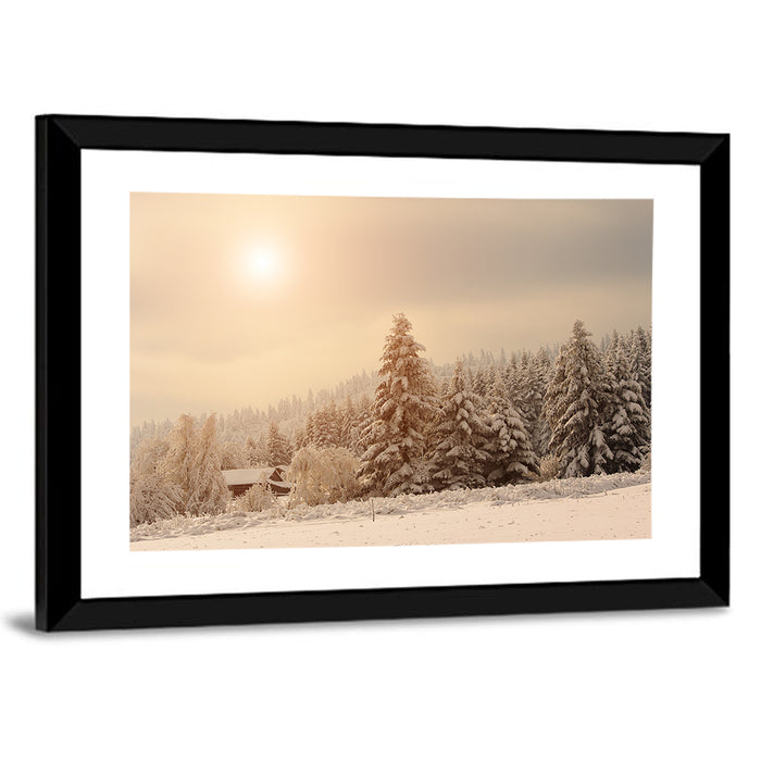 Snowy Pine Forest at Golden Hour Wall Art as a framed print