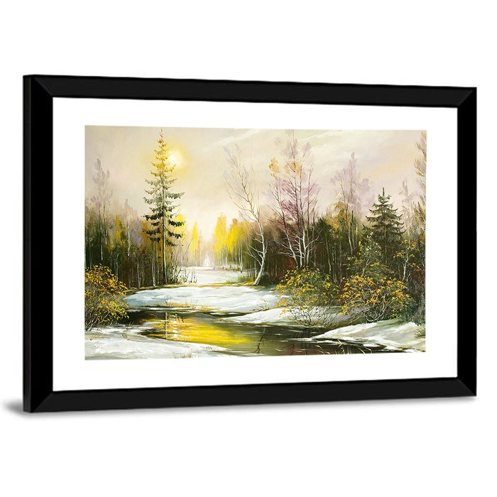 Sunlit Winter River Landscape Wall Art as a framed print